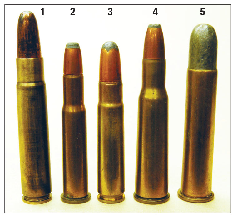 The (1) 9.5x56mm is loaded to relatively low velocity, probably to limit recoil in the light Steyr carbines. It was best for 100- to 150-yard shots from iron-sighted rifles, as were (2) 30-30, (3) 35 Remington, (4) 348 Winchester and (5) 45-70.